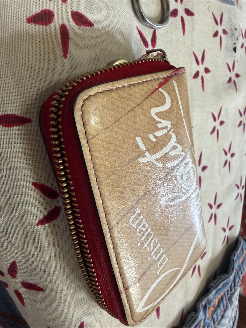 Christian Louboutin Tan Canvas Zip Wallet with Red Trim